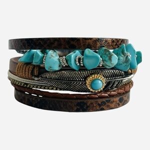 Multi Layer Turquoise Beads Magnetic Buckle Bohemian Wrap Bracelet Leather